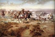 unknow artist Attack on the wagon Train oil on canvas